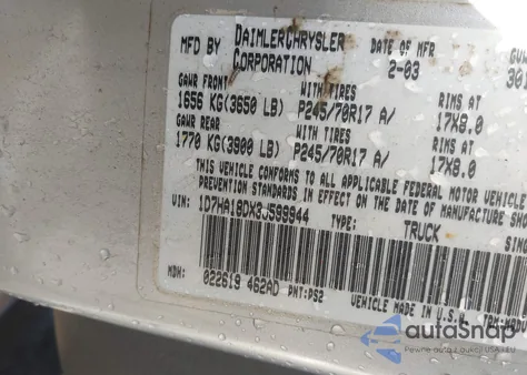 2003 Dodge Ram 1500 Slt/Laramie/St z USA, uszkodzony, nr VIN 1D7HA18DX3J599944